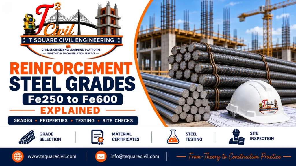 Smooth and ribbed reinforcement steel bars beside a safety helmet, with the heading Fe250 to Fe600 Explained.