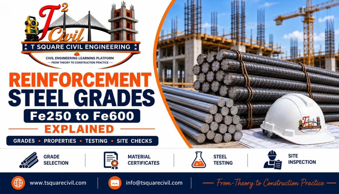 Smooth and ribbed reinforcement steel bars beside a safety helmet, with the heading Fe250 to Fe600 Explained.
