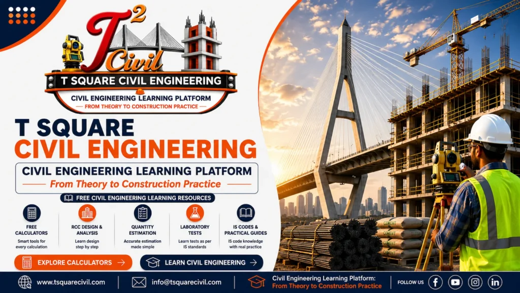 T Square Civil Engineering Learning Platform – Learn Civil Engineering from Theory to Construction Practice with calculators, RCC design, quantity estimation, laboratory tests, IS codes, and practical construction guides.
