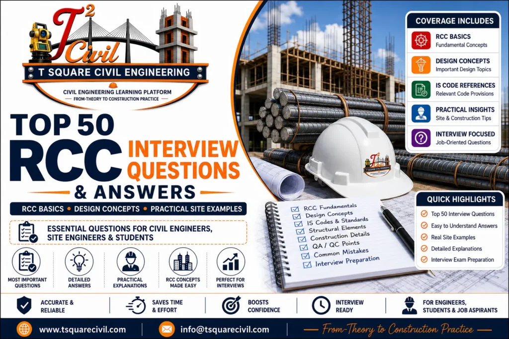 Top 50 RCC Interview Questions and Answers for Civil Engineers featuring RCC basics, design concepts, practical site examples, IS Codes, and interview preparation by T Square Civil Engineering.