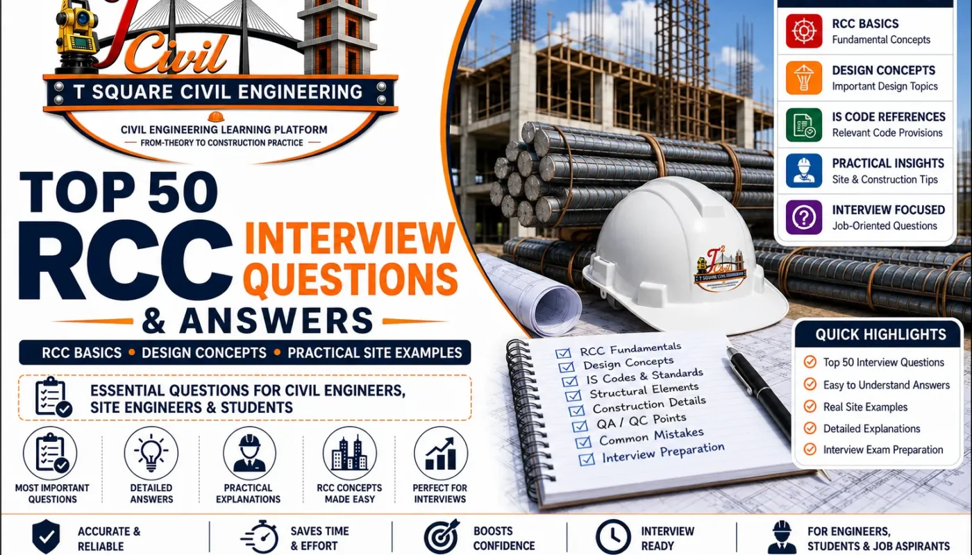 Top 50 RCC Interview Questions and Answers for Civil Engineers featuring RCC basics, design concepts, practical site examples, IS Codes, and interview preparation by T Square Civil Engineering.