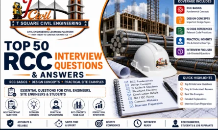 Top 50 RCC Interview Questions and Answers for Civil Engineers featuring RCC basics, design concepts, practical site examples, IS Codes, and interview preparation by T Square Civil Engineering.