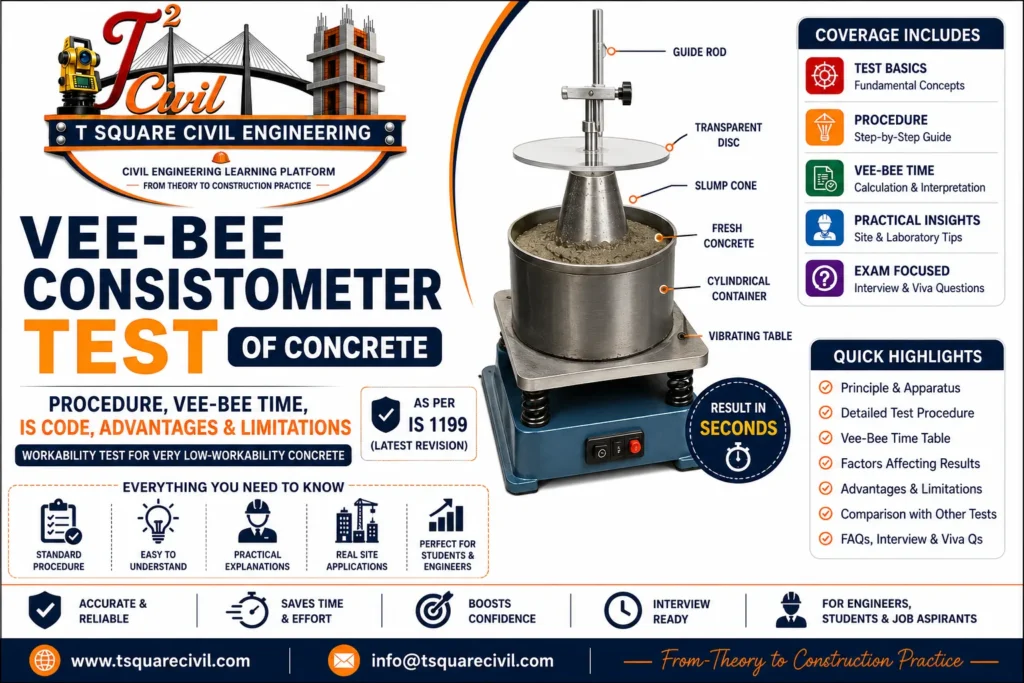Vee-Bee Consistometer Test of Concrete apparatus showing the vibrating table, slump cone, transparent disc, cylindrical container, and fresh concrete used to determine the workability of very low-workability concrete as per IS 1199.