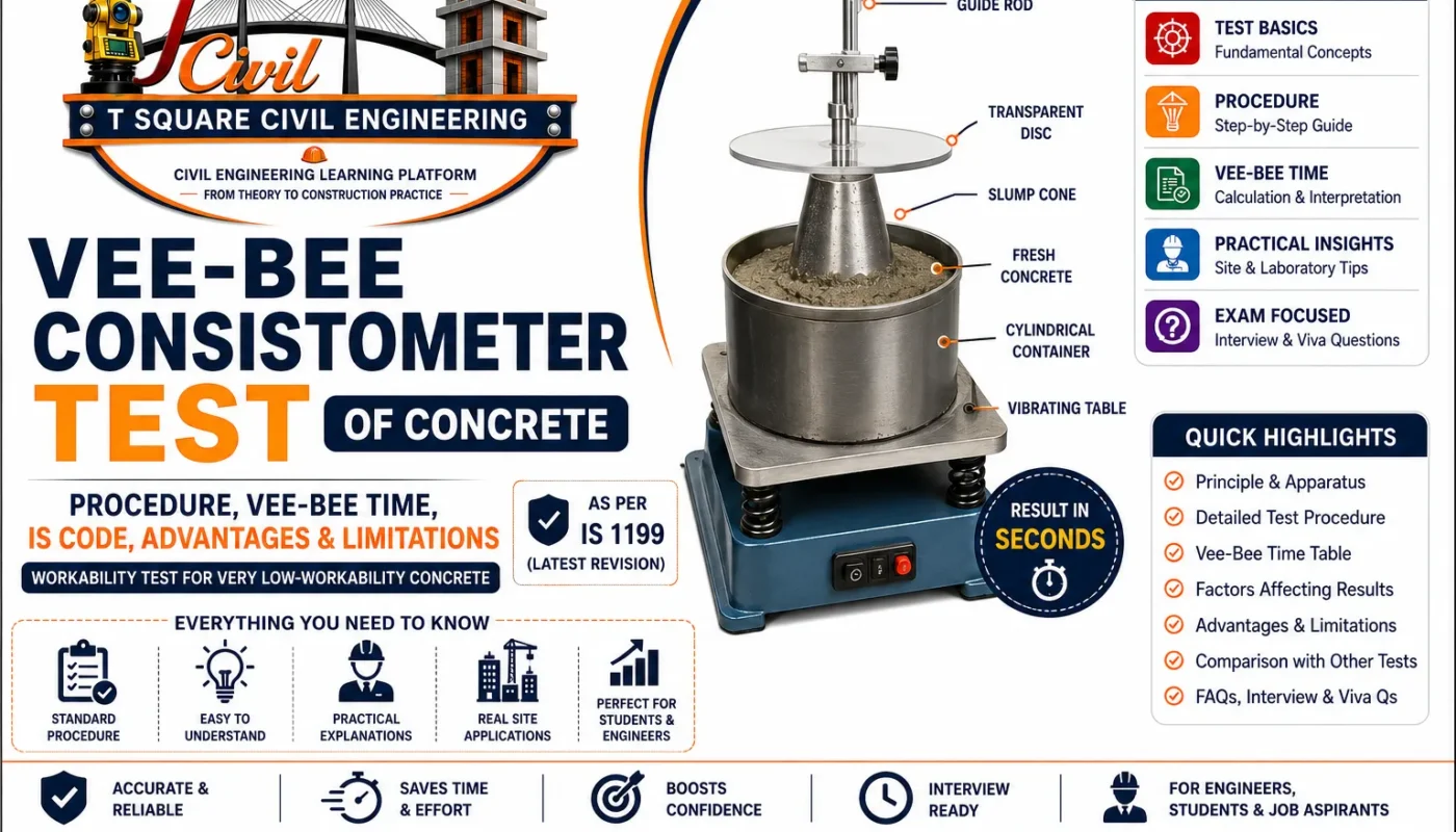 Vee-Bee Consistometer Test of Concrete apparatus showing the vibrating table, slump cone, transparent disc, cylindrical container, and fresh concrete used to determine the workability of very low-workability concrete as per IS 1199.