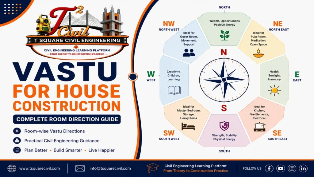 Vastu for house construction direction guide showing eight directions and room placement