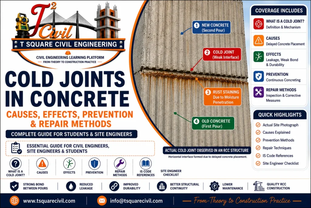 Featured infographic showing a real cold joint in reinforced concrete with labels for new concrete, cold joint (weak interface), rust staining due to moisture penetration, and old concrete, along with causes, effects, prevention, repair methods, and IS Code references.