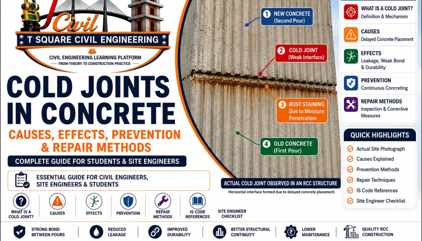 Featured infographic showing a real cold joint in reinforced concrete with labels for new concrete, cold joint (weak interface), rust staining due to moisture penetration, and old concrete, along with causes, effects, prevention, repair methods, and IS Code references.