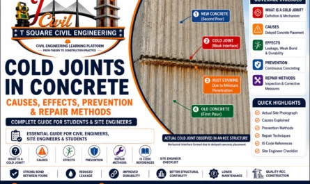 Featured infographic showing a real cold joint in reinforced concrete with labels for new concrete, cold joint (weak interface), rust staining due to moisture penetration, and old concrete, along with causes, effects, prevention, repair methods, and IS Code references.