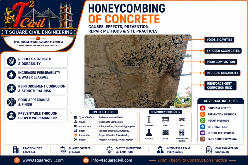 Honeycombing of concrete showing voids, cavities, exposed coarse aggregates, reinforcement corrosion risk, poor compaction, and repair methods in an RCC structural member.