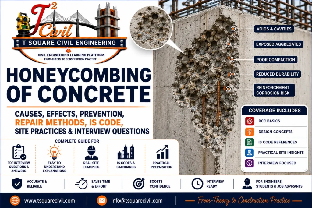 Honeycombing of concrete showing voids, exposed coarse aggregates, reinforcement exposure, causes, effects, prevention and repair methods.