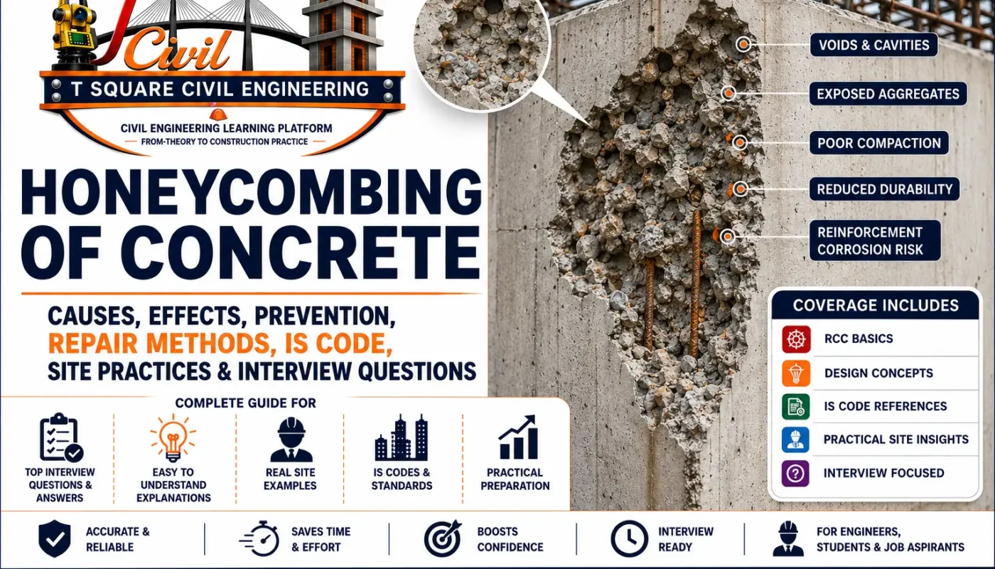 Honeycombing of concrete showing voids, exposed coarse aggregates, reinforcement exposure, causes, effects, prevention and repair methods.