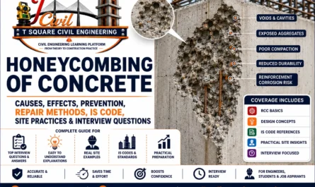 Honeycombing of concrete showing voids, exposed coarse aggregates, reinforcement exposure, causes, effects, prevention and repair methods.