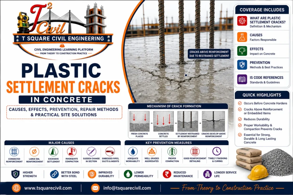 Illustration of plastic settlement cracks in reinforced concrete showing cracks forming above reinforcement bars due to restrained settlement of fresh concrete during the plastic stage.