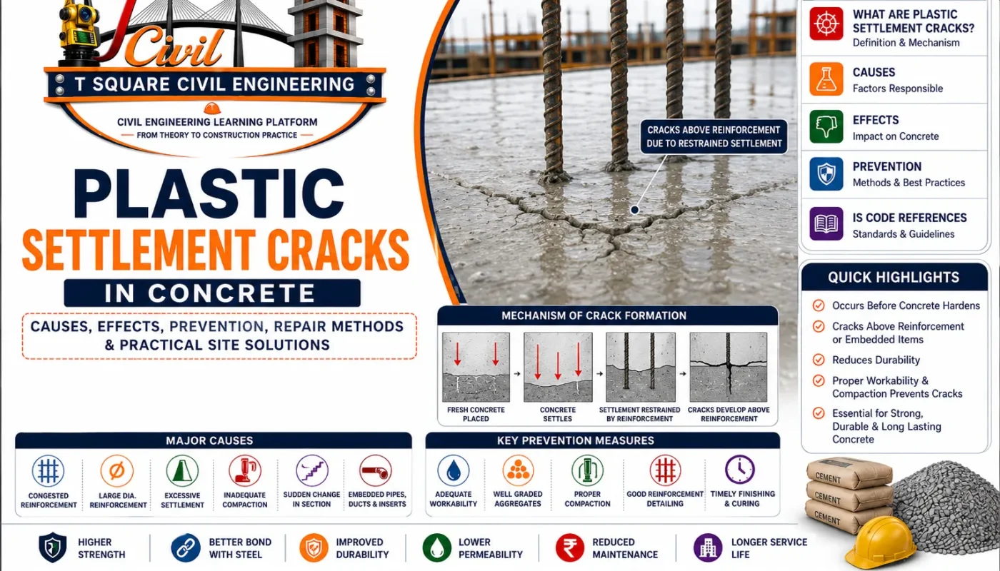 Illustration of plastic settlement cracks in reinforced concrete showing cracks forming above reinforcement bars due to restrained settlement of fresh concrete during the plastic stage.