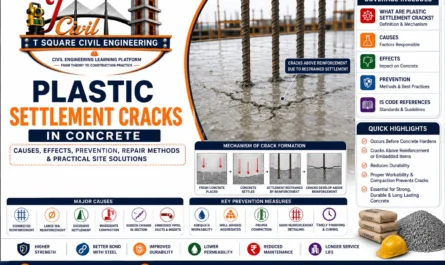 Illustration of plastic settlement cracks in reinforced concrete showing cracks forming above reinforcement bars due to restrained settlement of fresh concrete during the plastic stage.