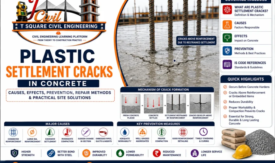 Plastic Settlement Cracks in Concrete: Causes, Effects, Prevention, Repair Methods, IS Code, Site Practices & Interview Questions