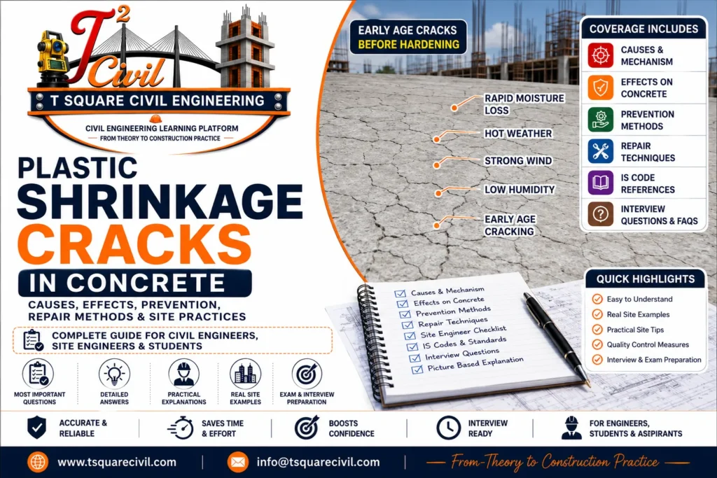 Plastic shrinkage cracks in concrete showing early-age surface cracks caused by rapid moisture loss, hot weather, wind, and low humidity with prevention and repair methods.