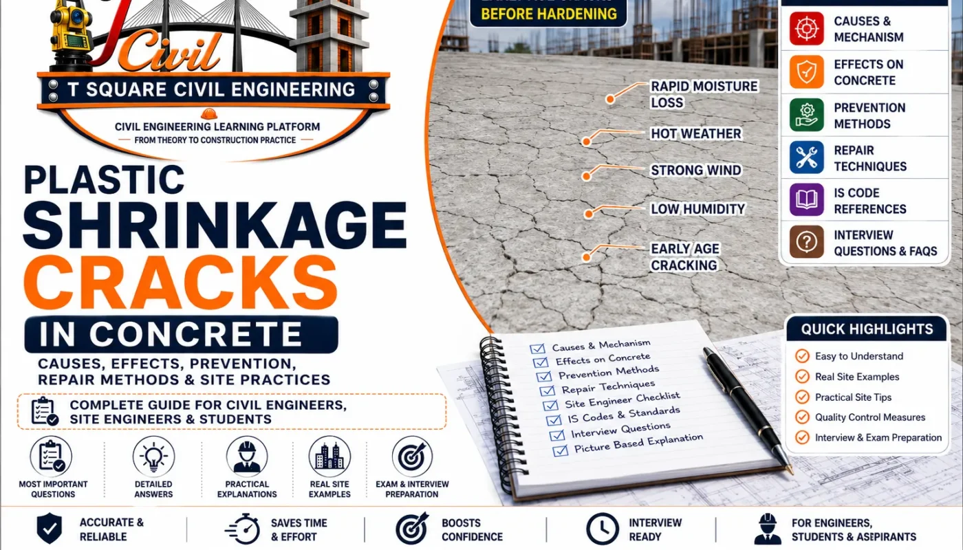 Plastic shrinkage cracks in concrete showing early-age surface cracks caused by rapid moisture loss, hot weather, wind, and low humidity with prevention and repair methods.