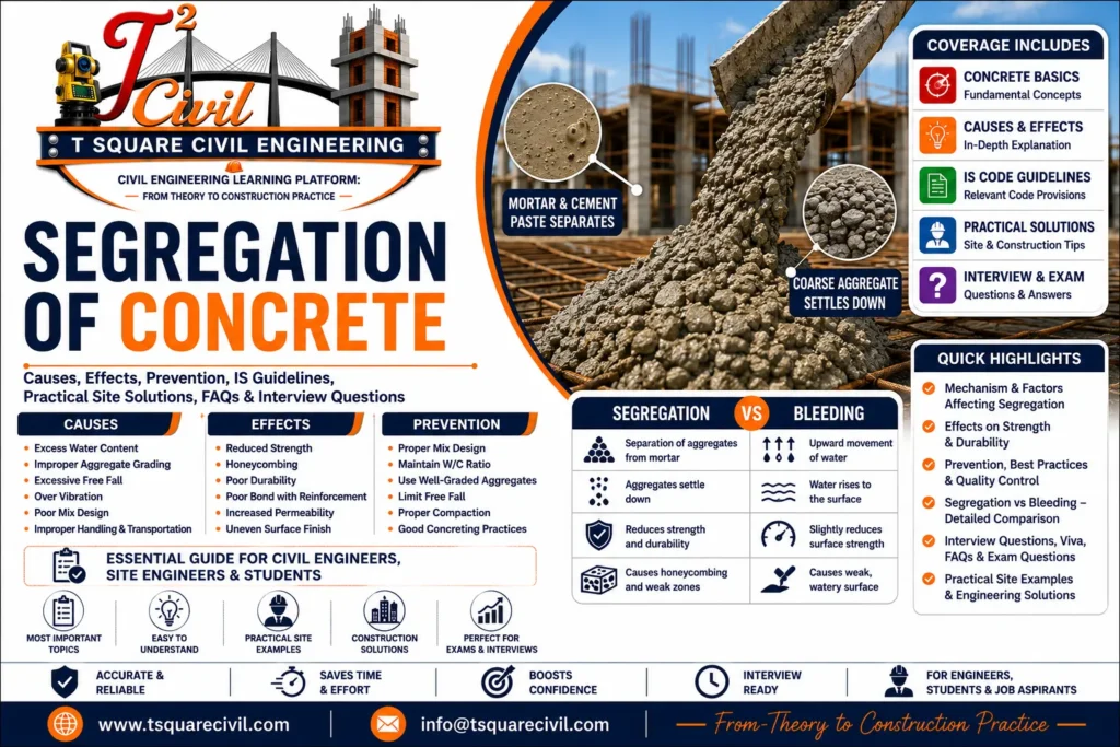 Segregation of Concrete showing causes, effects, prevention methods, segregation vs bleeding comparison, and IS guidelines for civil engineering students and site engineers.