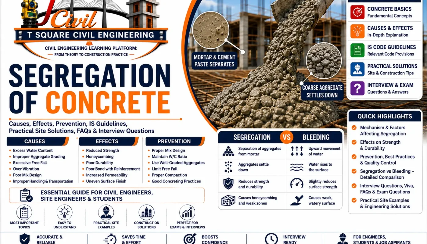 Segregation of Concrete showing causes, effects, prevention methods, segregation vs bleeding comparison, and IS guidelines for civil engineering students and site engineers.