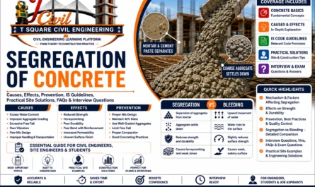 Segregation of Concrete showing causes, effects, prevention methods, segregation vs bleeding comparison, and IS guidelines for civil engineering students and site engineers.