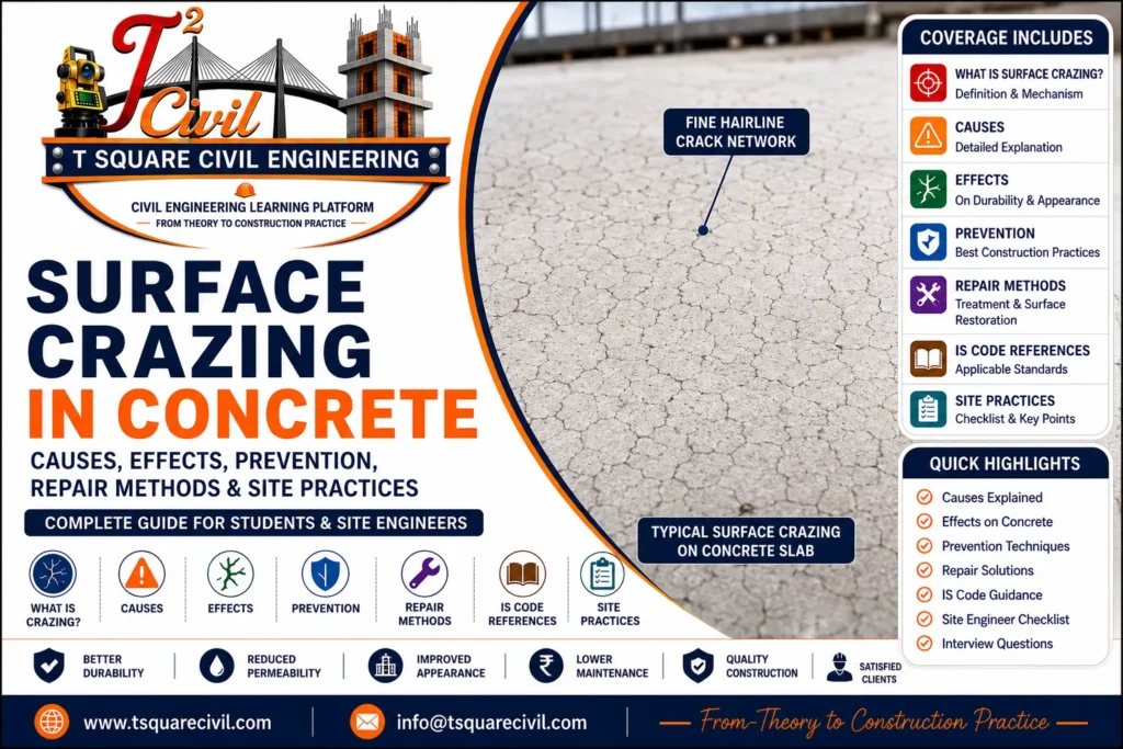 Featured infographic showing surface crazing in concrete with a fine hairline crack network on a concrete slab, explaining causes, effects, prevention, repair methods, IS Code references, and site engineering practices.