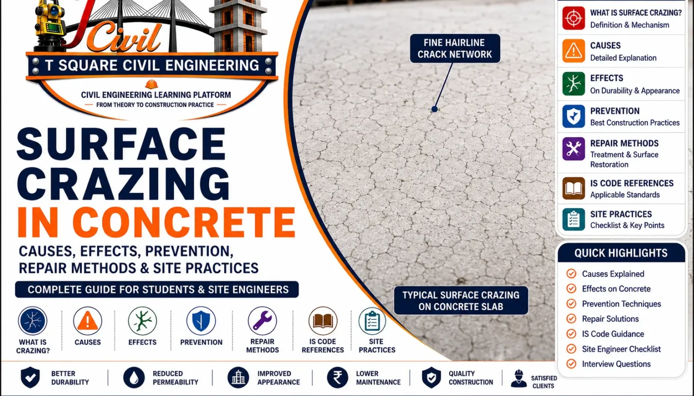 Featured infographic showing surface crazing in concrete with a fine hairline crack network on a concrete slab, explaining causes, effects, prevention, repair methods, IS Code references, and site engineering practices.