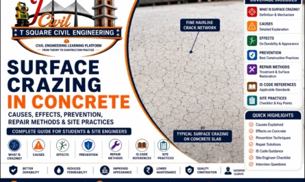 Featured infographic showing surface crazing in concrete with a fine hairline crack network on a concrete slab, explaining causes, effects, prevention, repair methods, IS Code references, and site engineering practices.
