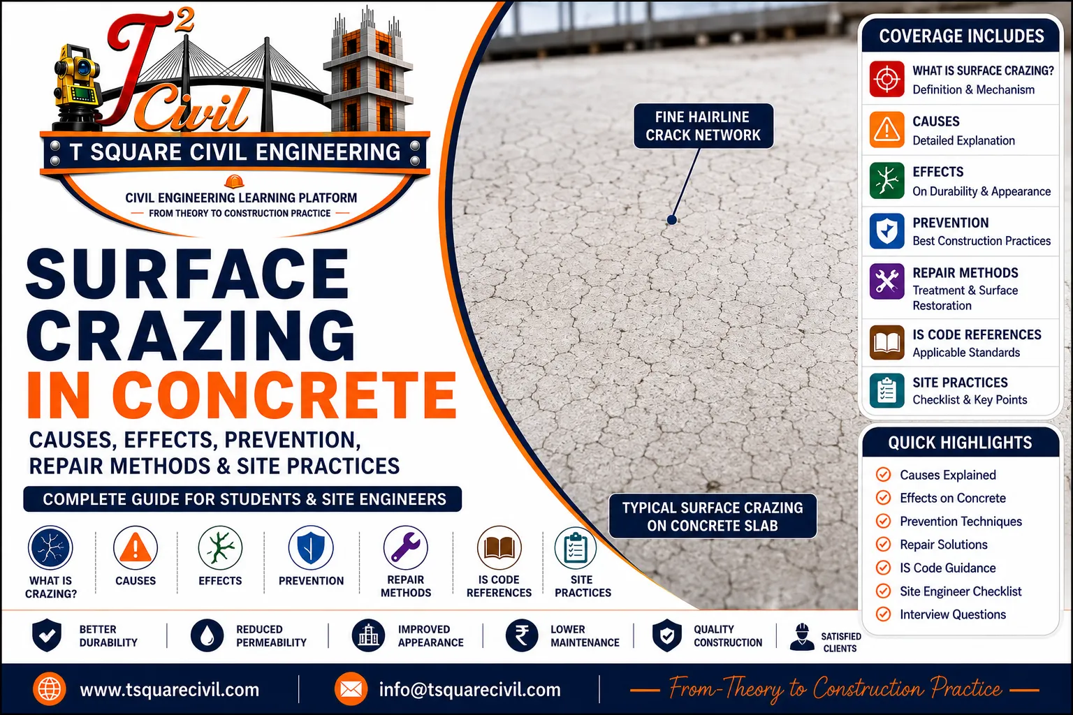 Featured infographic showing surface crazing in concrete with a fine hairline crack network on a concrete slab, explaining causes, effects, prevention, repair methods, IS Code references, and site engineering practices.