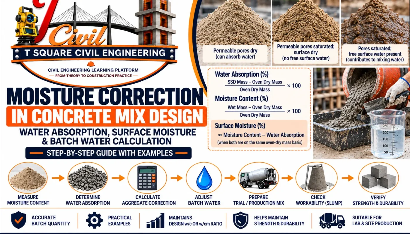 Moisture correction in concrete mix design showing SSD condition water absorption surface moisture and batch water adjustment