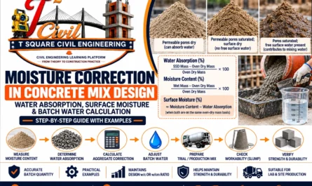 Moisture correction in concrete mix design showing SSD condition water absorption surface moisture and batch water adjustment