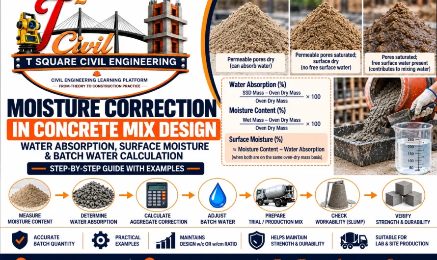 Moisture Correction in Concrete Mix Design: Water Absorption, Surface Moisture & Batch Water Calculation