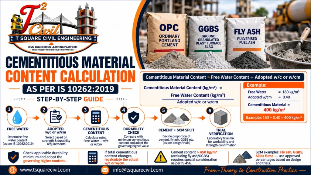 Cementitious material content calculation in concrete mix design as per IS 10262:2019