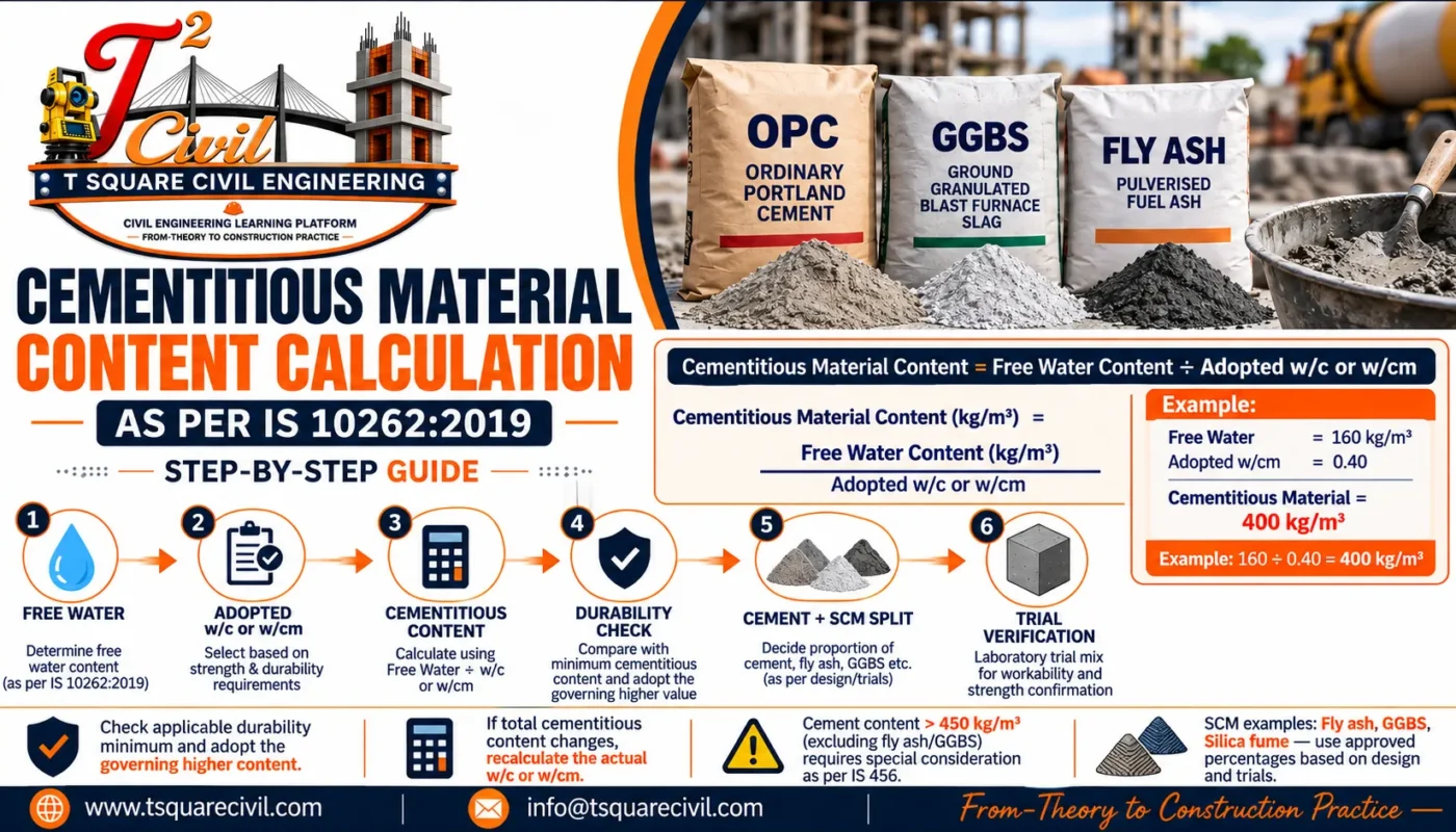 Cementitious material content calculation in concrete mix design as per IS 10262:2019