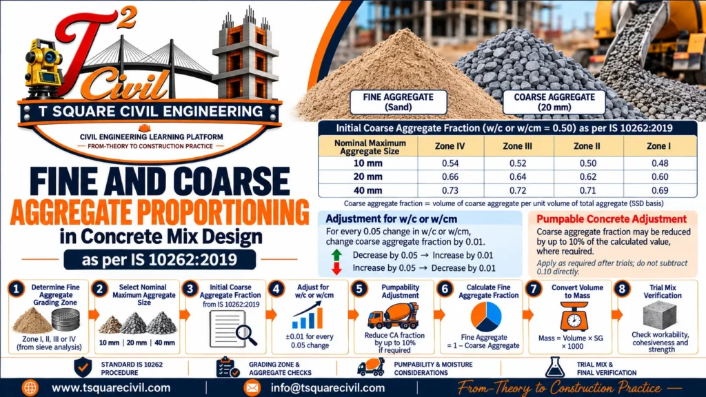 Fine and coarse aggregate proportioning in concrete mix design as per IS 10262:2019
