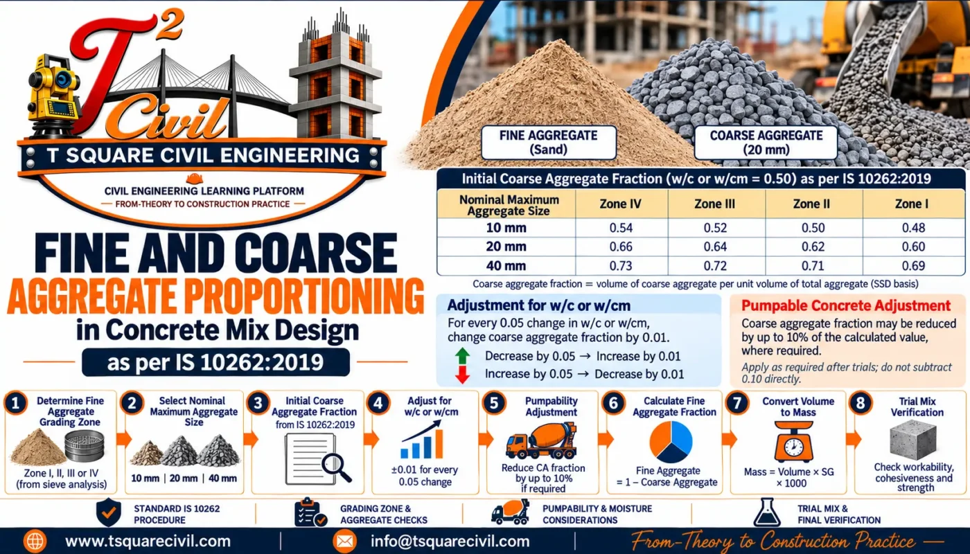 Fine and coarse aggregate proportioning in concrete mix design as per IS 10262:2019