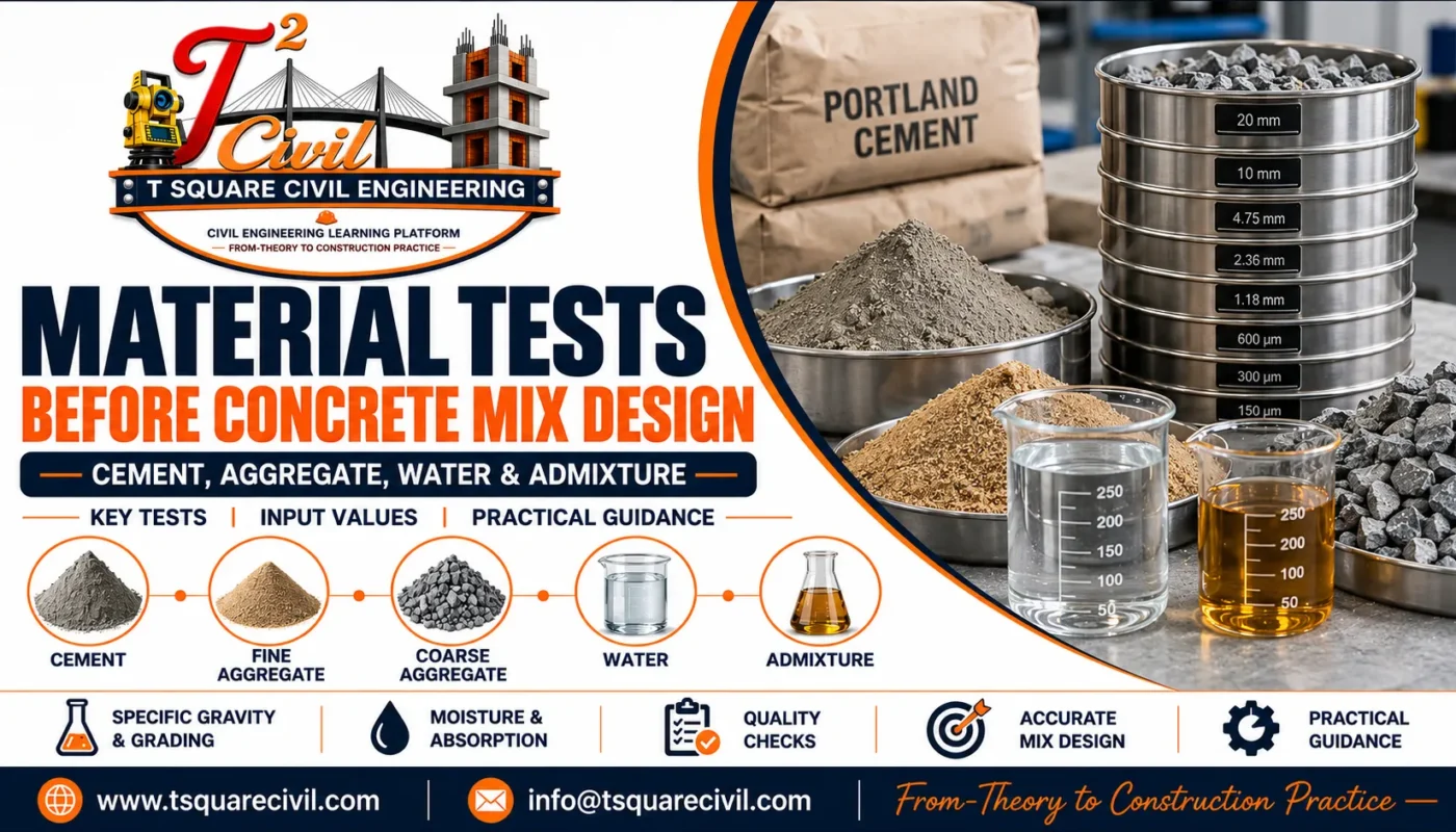 Material tests required before concrete mix design for cement aggregate water and admixture
