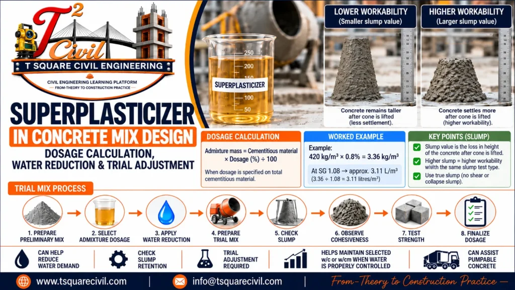 Superplasticizer in concrete mix design showing dosage calculation workability and trial mix adjustment