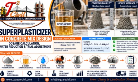 Superplasticizer in concrete mix design showing dosage calculation workability and trial mix adjustment