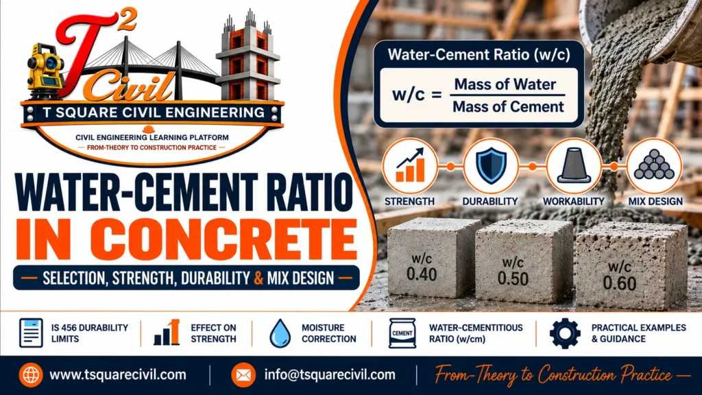 Water-cement ratio in concrete formula, strength and durability