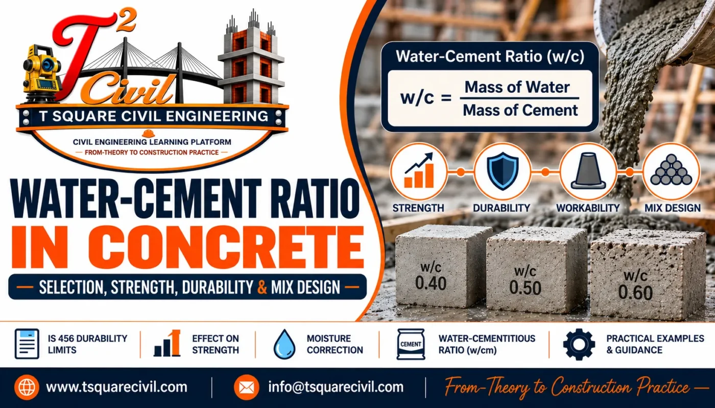 Water-cement ratio in concrete formula, strength and durability