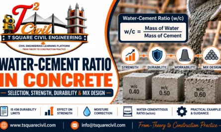 Water-cement ratio in concrete formula, strength and durability