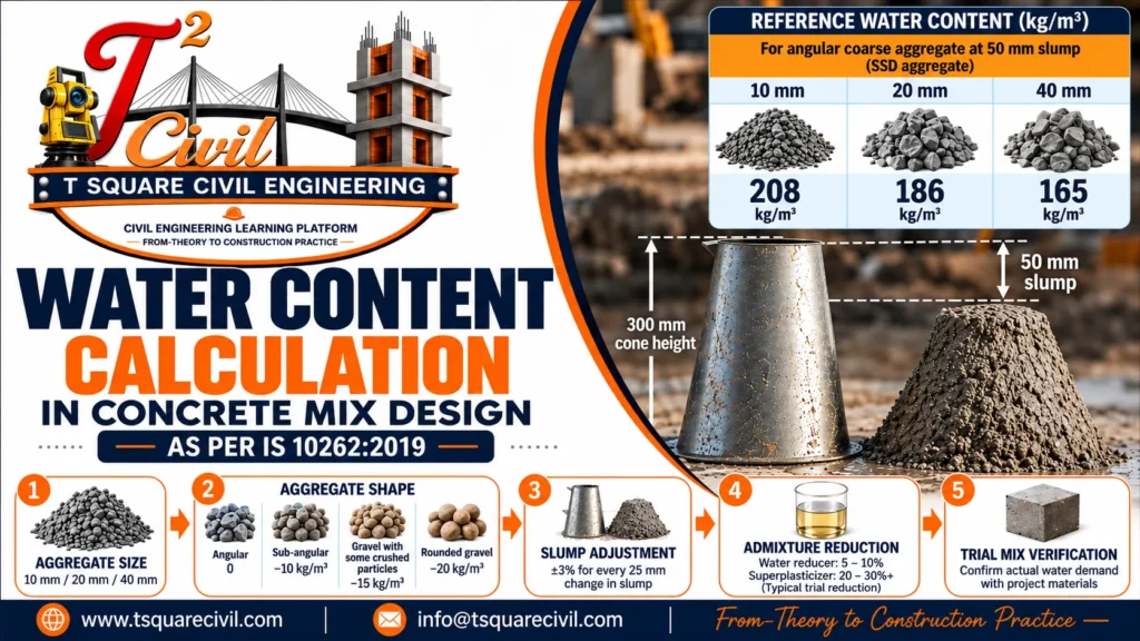 Water content calculation in concrete mix design as per IS 10262:2019