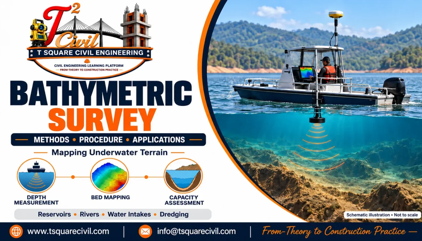 Survey boat using an echo sounder to measure water depth and map the reservoir bed