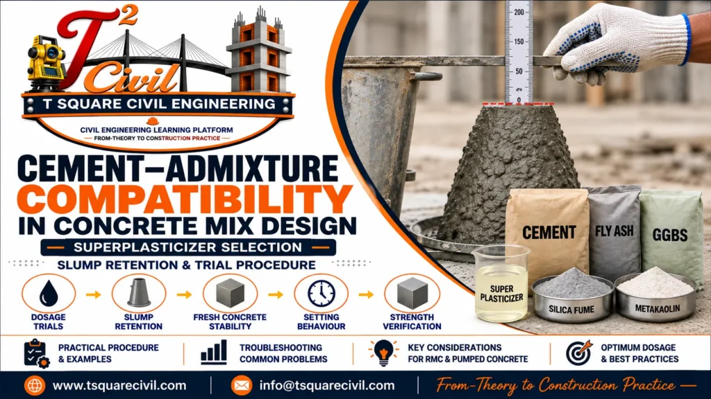 Cement admixture compatibility in concrete mix design showing superplasticizer selection, slump retention, dosage trials, setting behaviour and strength verification