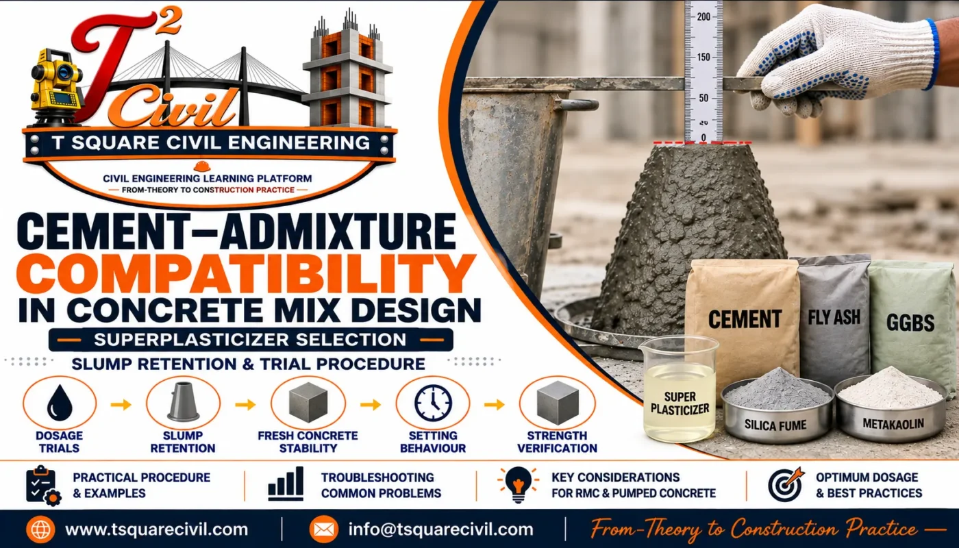 Cement admixture compatibility in concrete mix design showing superplasticizer selection, slump retention, dosage trials, setting behaviour and strength verification