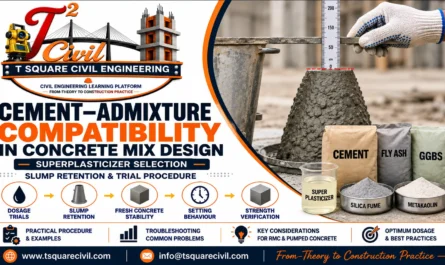 Cement admixture compatibility in concrete mix design showing superplasticizer selection, slump retention, dosage trials, setting behaviour and strength verification