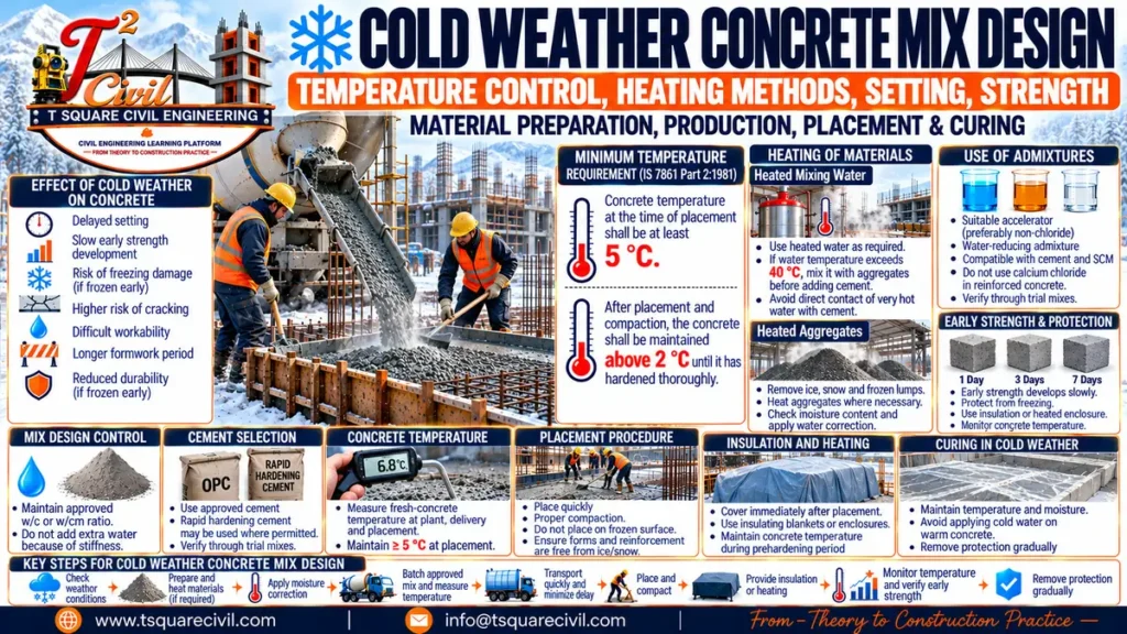 Cold weather concrete mix design showing minimum placement temperature, heated water and aggregates, admixtures, insulation, early strength protection and curing