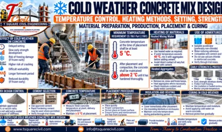 Cold weather concrete mix design showing minimum placement temperature, heated water and aggregates, admixtures, insulation, early strength protection and curing