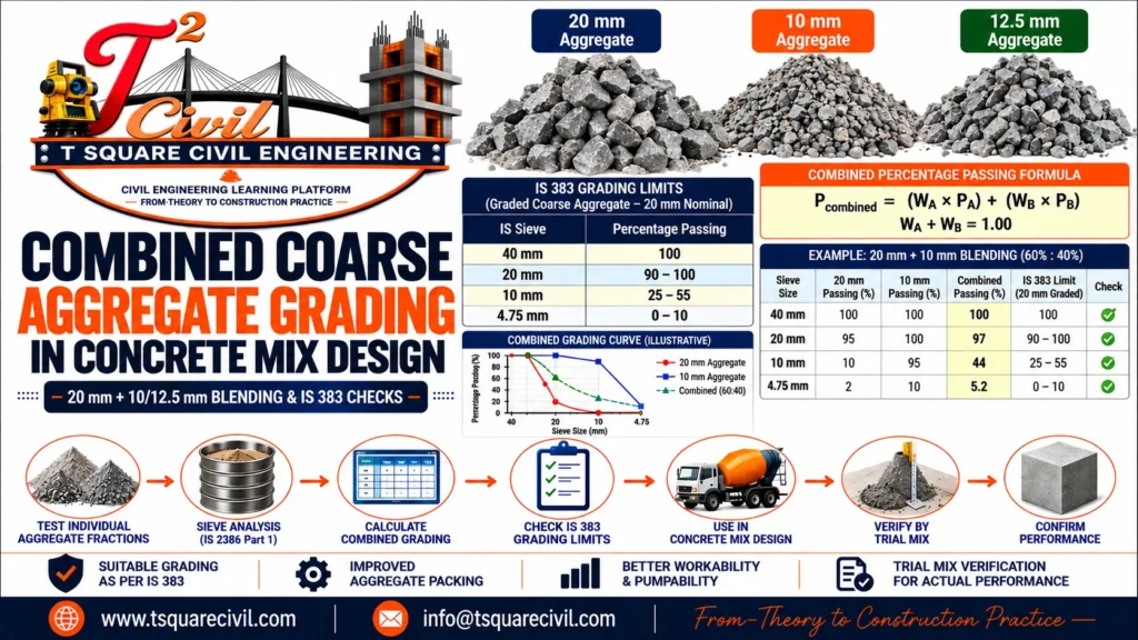 Combined coarse aggregate grading showing 20 mm and 10 mm aggregate blending calculation